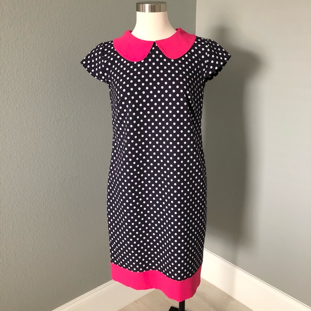 New European Vivat Polka Dot Peter Pan-Collar Shift Dress with Pockets